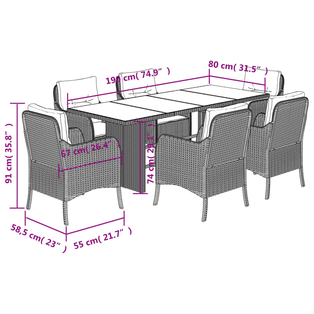 Set da Pranzo da Giardino 7 pz con Cuscini Beige in Polyrattan 3211886