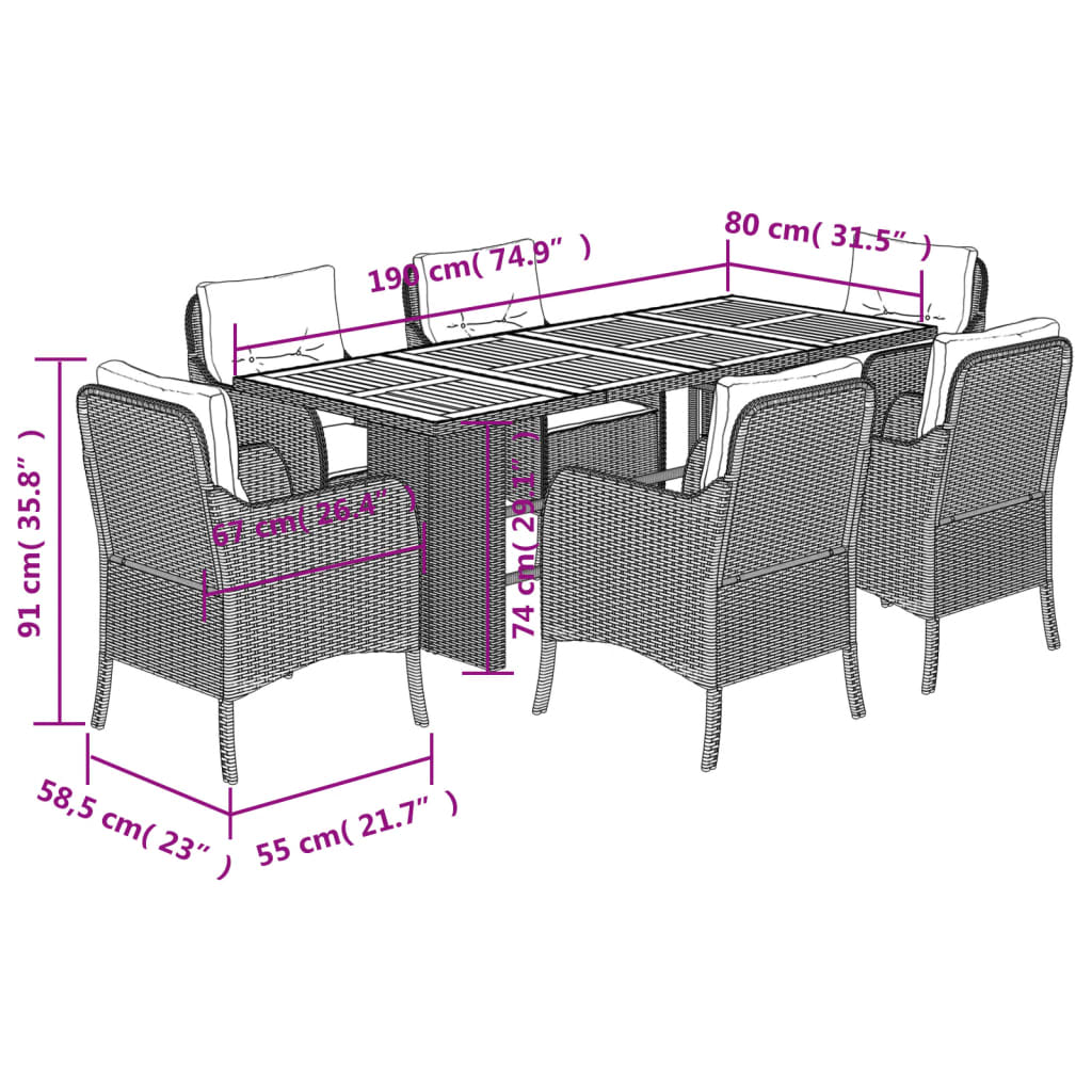 Set da Pranzo da Giardino 7 pz Nero con Cuscini in Polyrattan 3211894