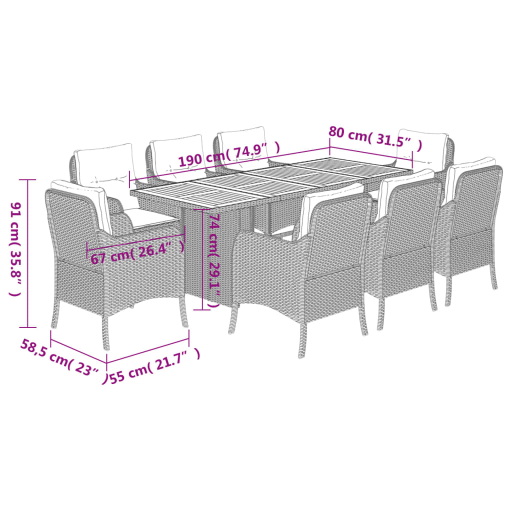 Set da Pranzo da Giardino 9 pz con Cuscini Nero in Polyrattan 3211895