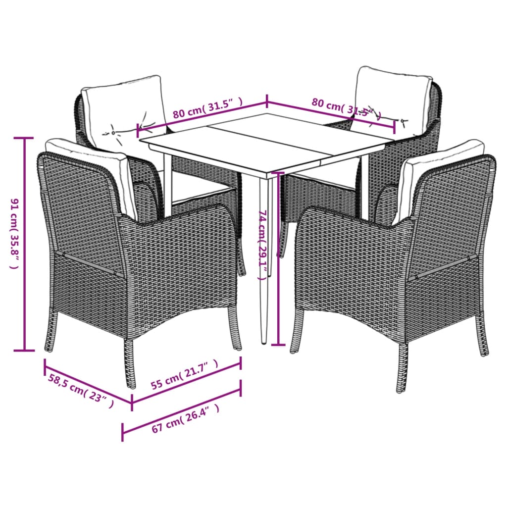 Set da Pranzo da Giardino 5 pz Nero con Cuscini in Polyrattan 3211907