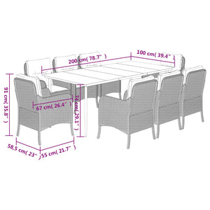 Set da Pranzo da Giardino 9 pz con Cuscini Nero in Polyrattan 3211912