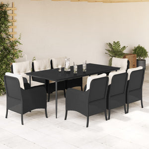 Set da Pranzo da Giardino 9 pz con Cuscini Nero in Polyrattan 3211912