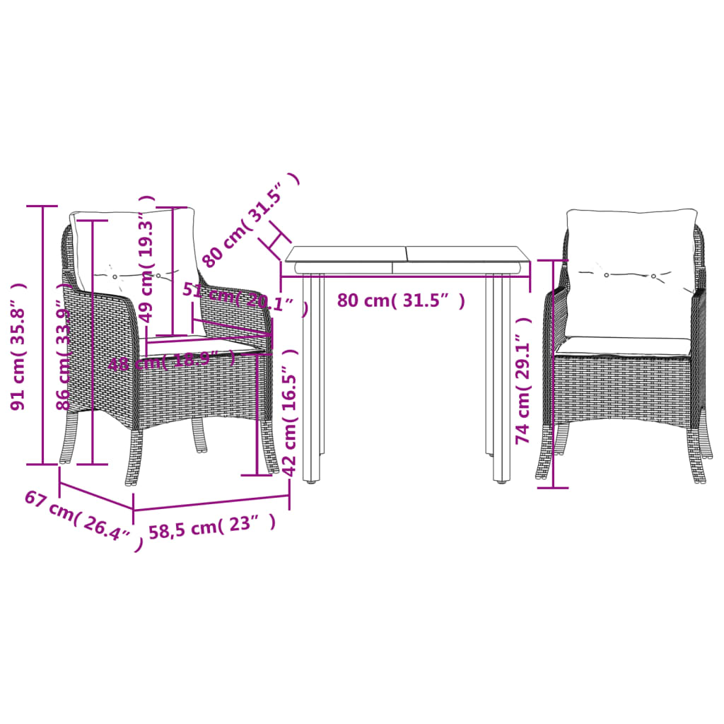 Set da Pranzo da Giardino 3 pz con Cuscini Nero in Polyrattan 3211913