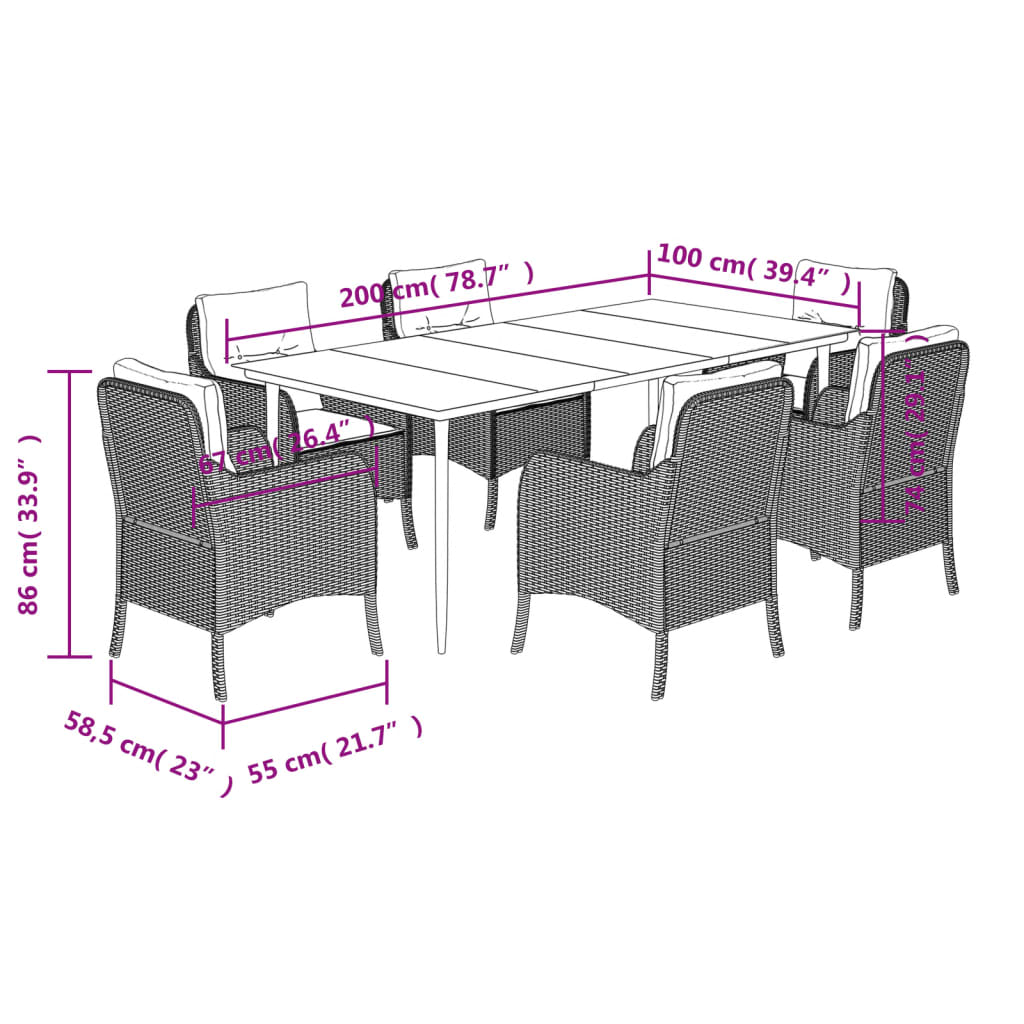 Set da Pranzo da Giardino 7 pz Nero con Cuscini in Polyrattan 3211925