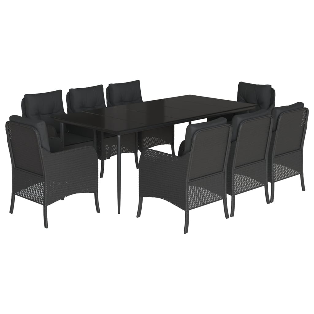 Set da Pranzo da Giardino 9 pz con Cuscini Nero in Polyrattan 3211926