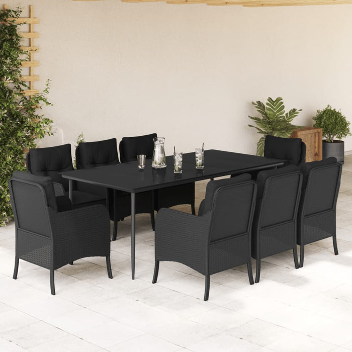 Set da Pranzo da Giardino 9 pz con Cuscini Nero in Polyrattan 3211926