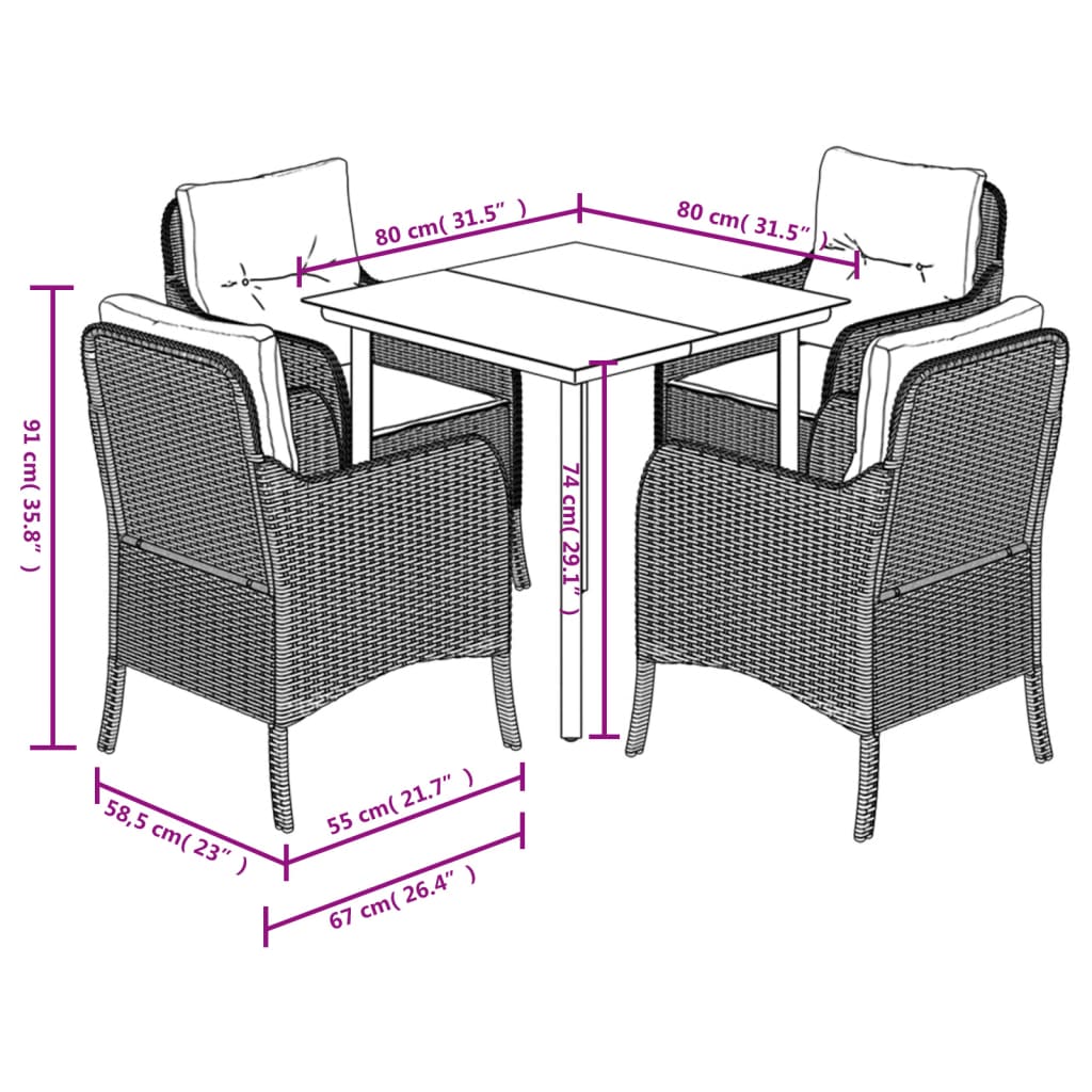 Set da Pranzo da Giardino 5 pz Nero con Cuscini in Polyrattan 3211928