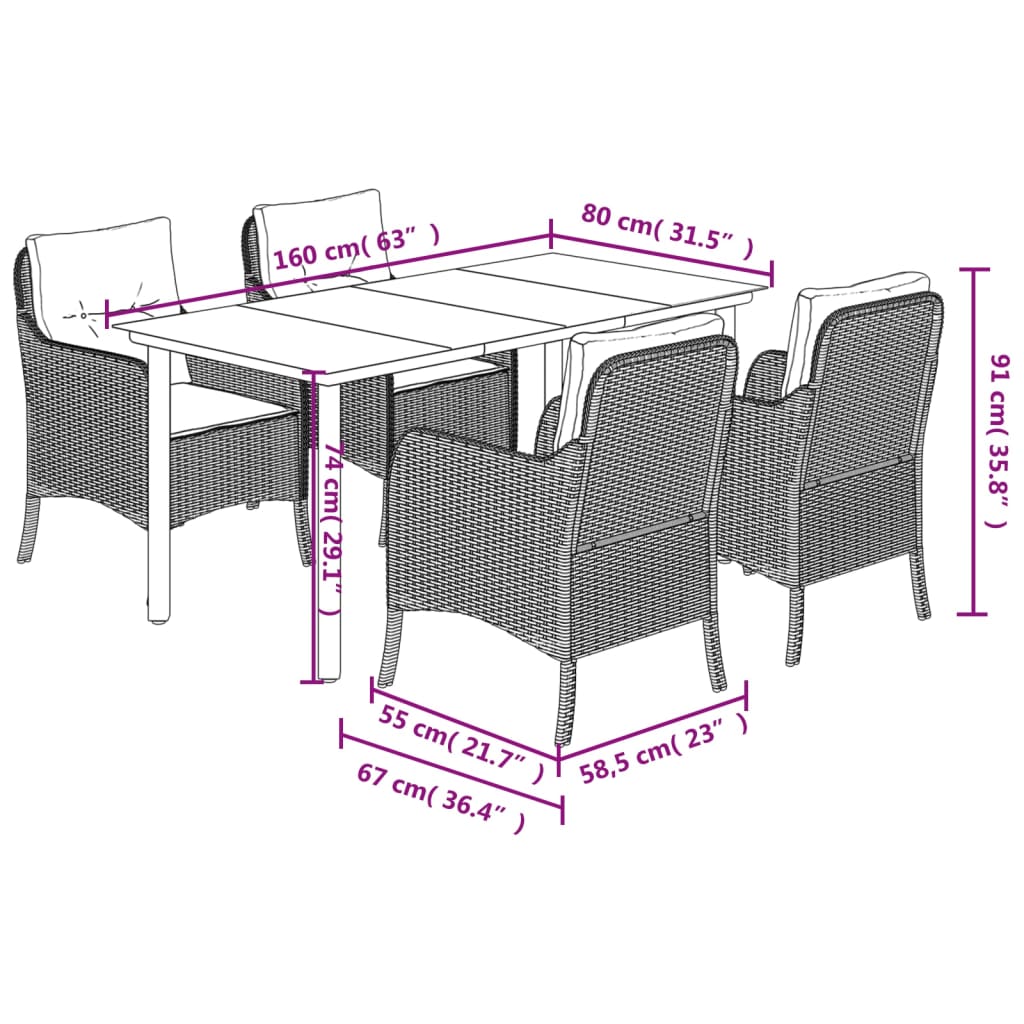 Set da Pranzo da Giardino 5pz con Cuscini in Polyrattan Marrone 3211944