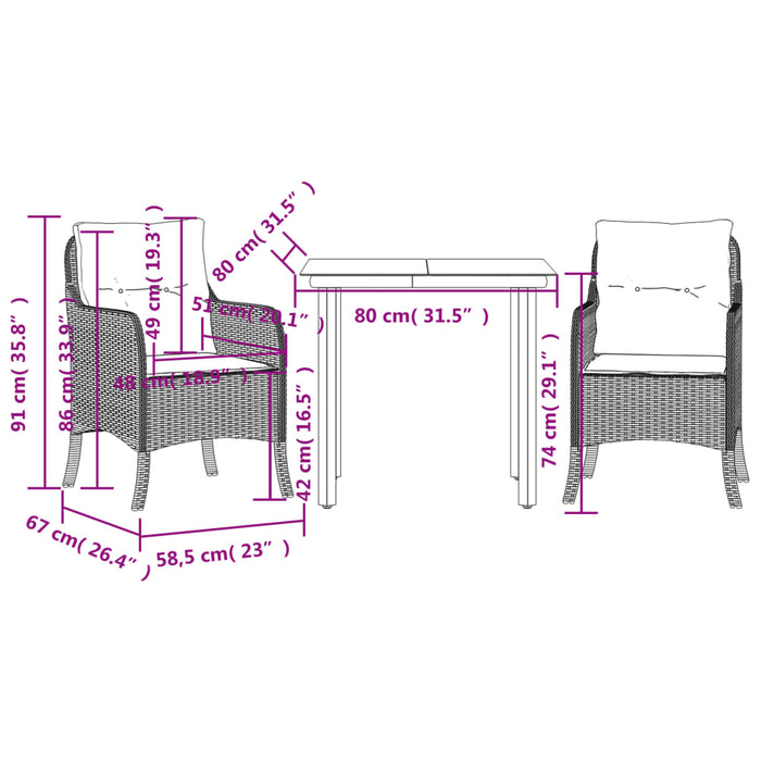 Set da Pranzo da Giardino 3 pz con Cuscini Beige in Polyrattan 3211969