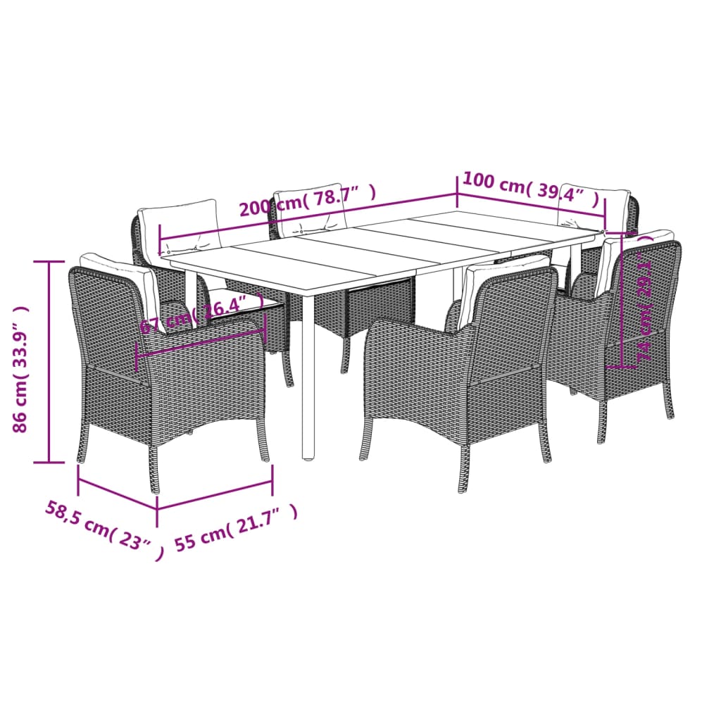 Set da Pranzo da Giardino 7 pz con Cuscini Beige in Polyrattan 3211974