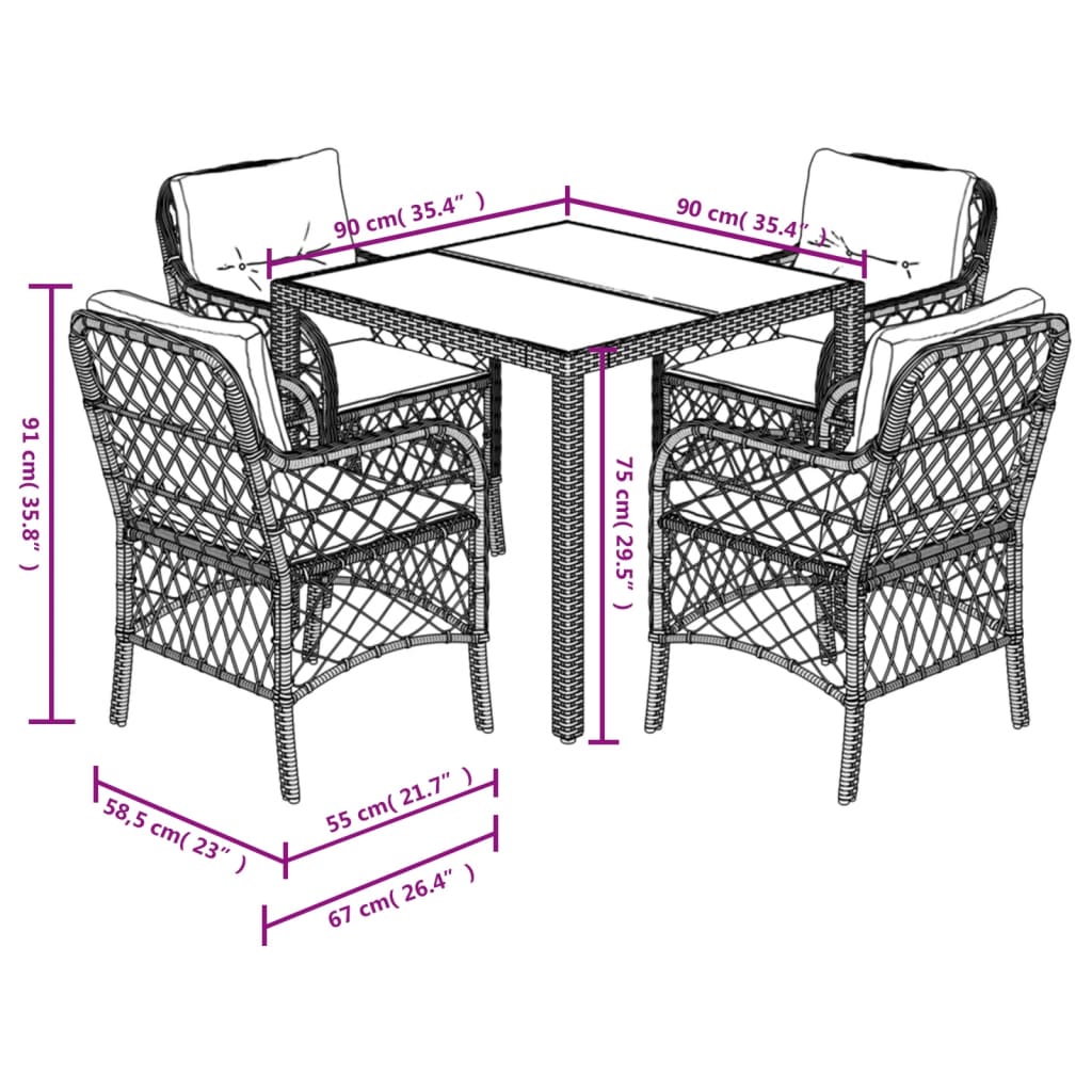 Set da Pranzo da Giardino 5 pz Nero con Cuscini in Polyrattan 3212019