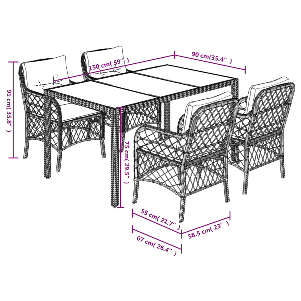 Set da Pranzo da Giardino 5 pz Nero con Cuscini in Polyrattan 3212020