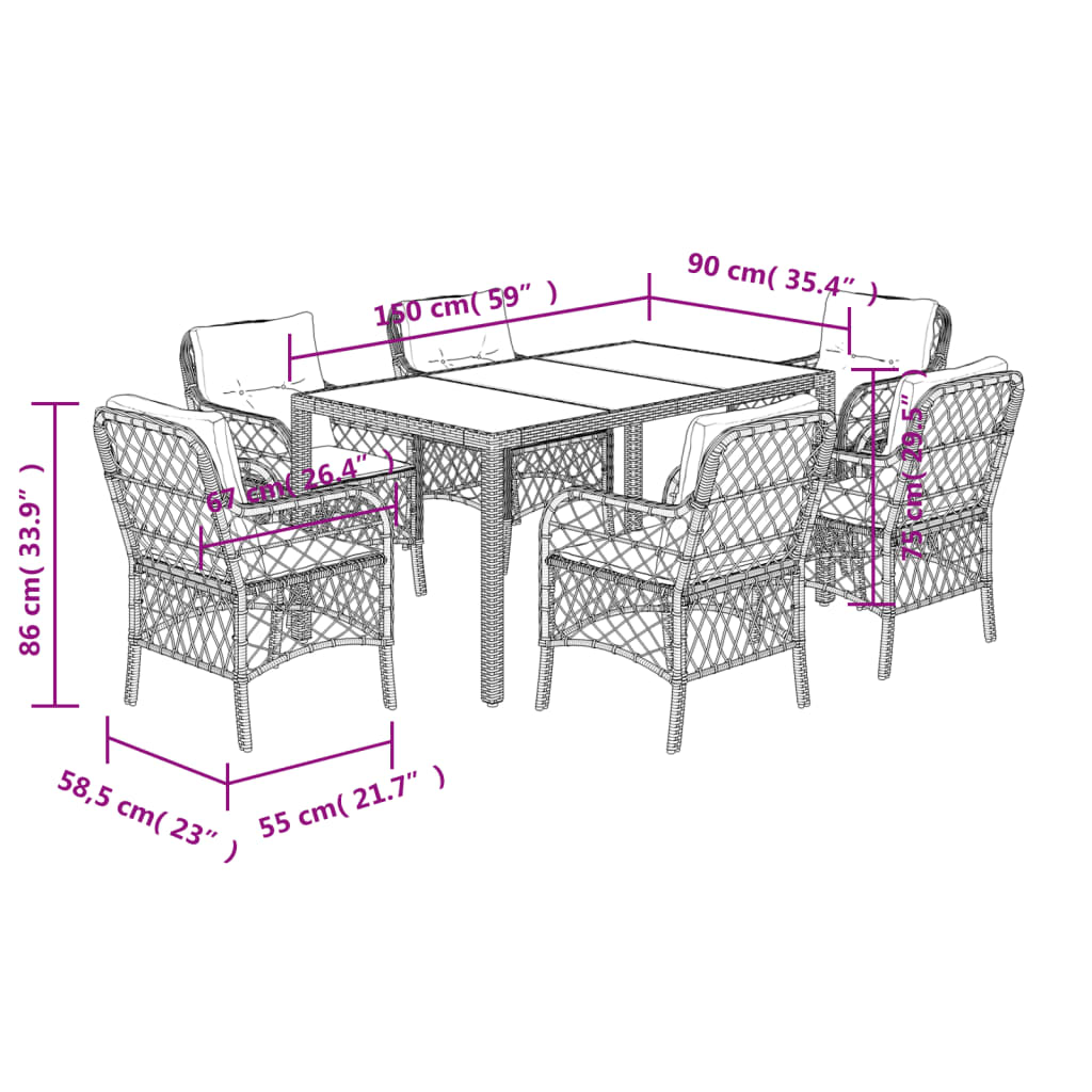 Set da Pranzo da Giardino 7 pz Nero con Cuscini in Polyrattan 3212021