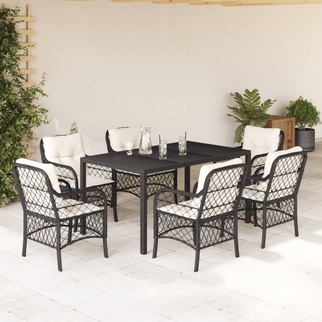 Set da Pranzo da Giardino 7 pz Nero con Cuscini in Polyrattan 3212021