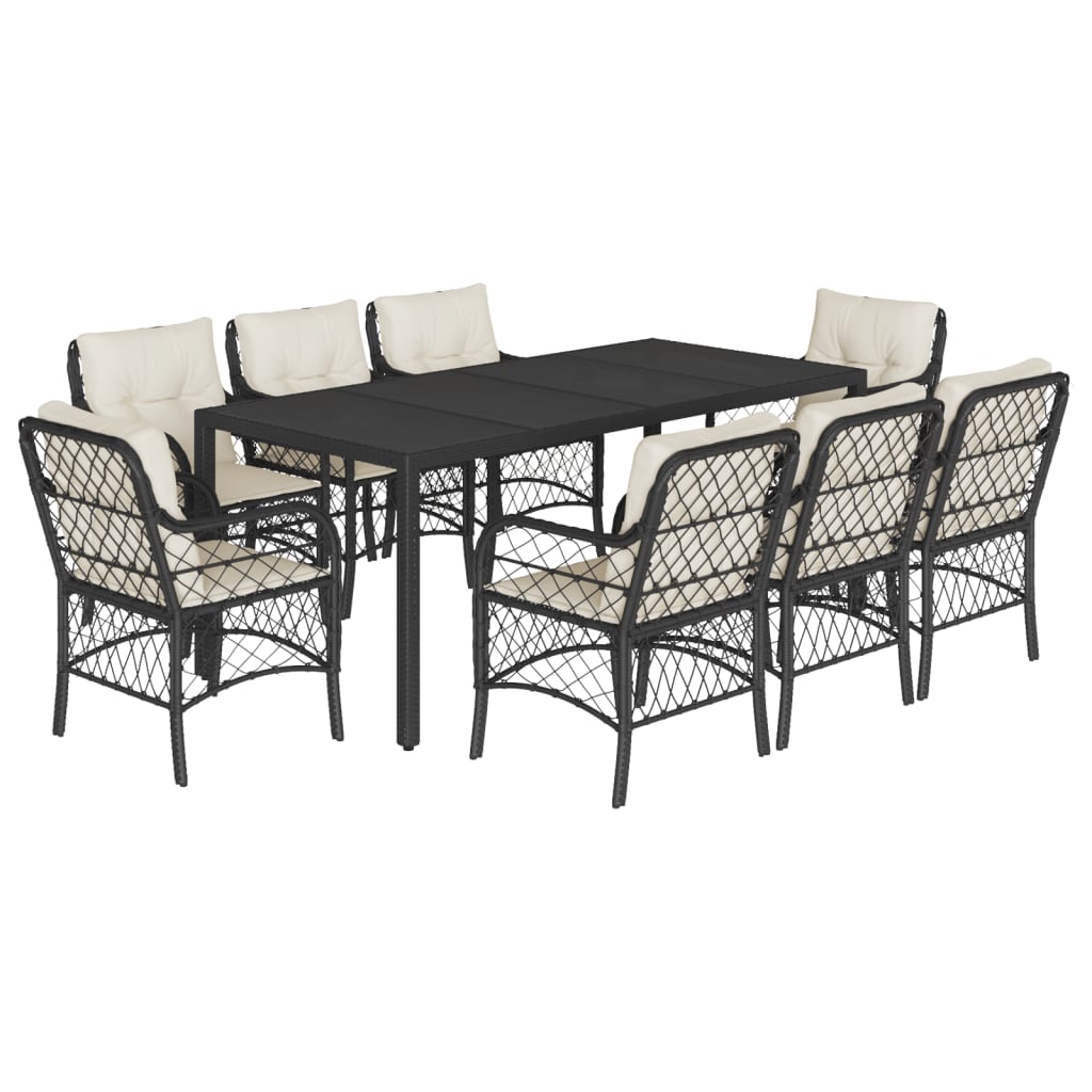 Set da Pranzo da Giardino 9 pz con Cuscini Nero in Polyrattan 3212023