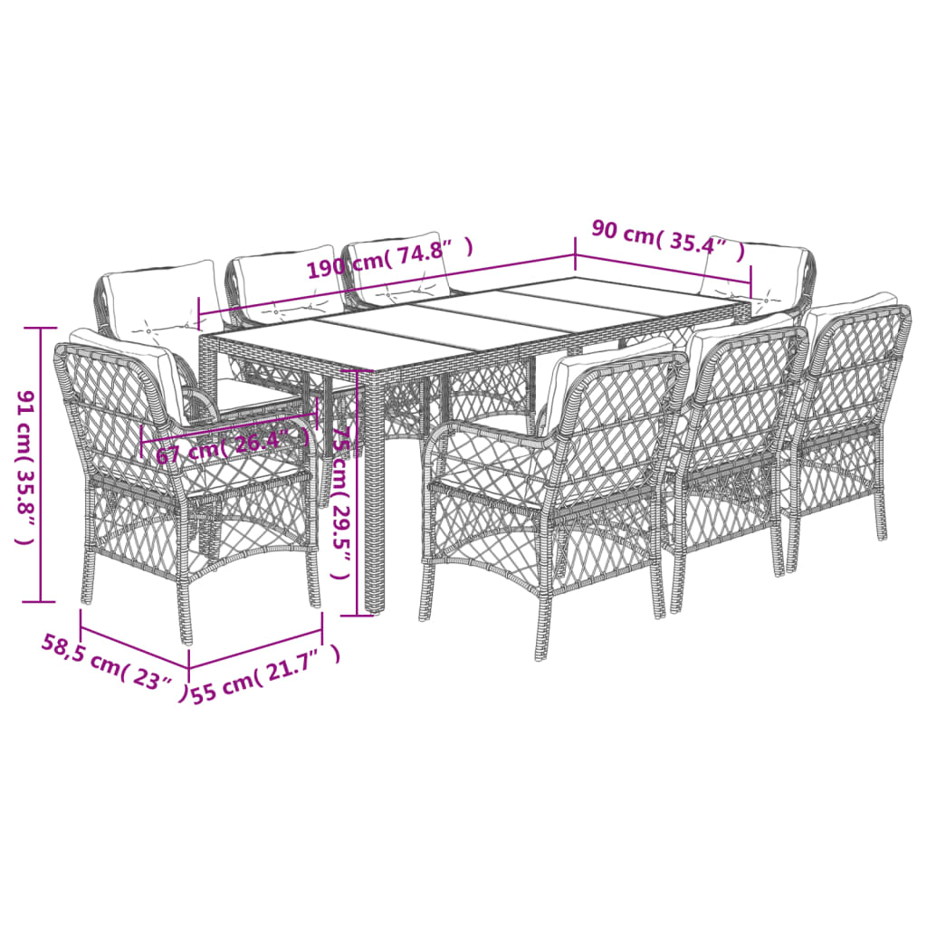 Set da Pranzo da Giardino 9 pz con Cuscini Nero in Polyrattan 3212023