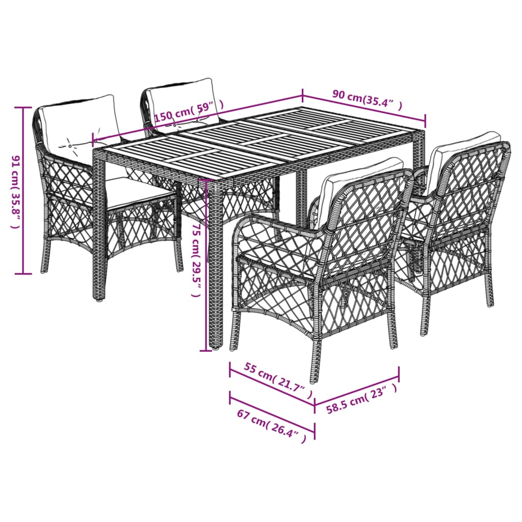 Set da Pranzo da Giardino 5 pz con Cuscini in Polyrattan Grigio 3212050