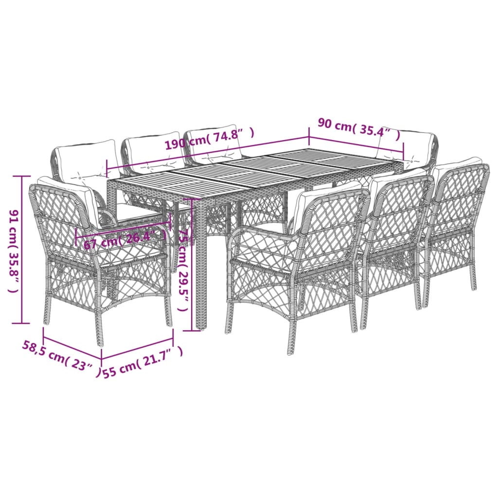 Set da Pranzo da Giardino 9 pz con Cuscini in Polyrattan Grigio 3212053