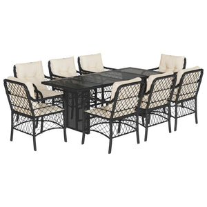 Set da Pranzo da Giardino 9 pz con Cuscini Nero in Polyrattan 3212055