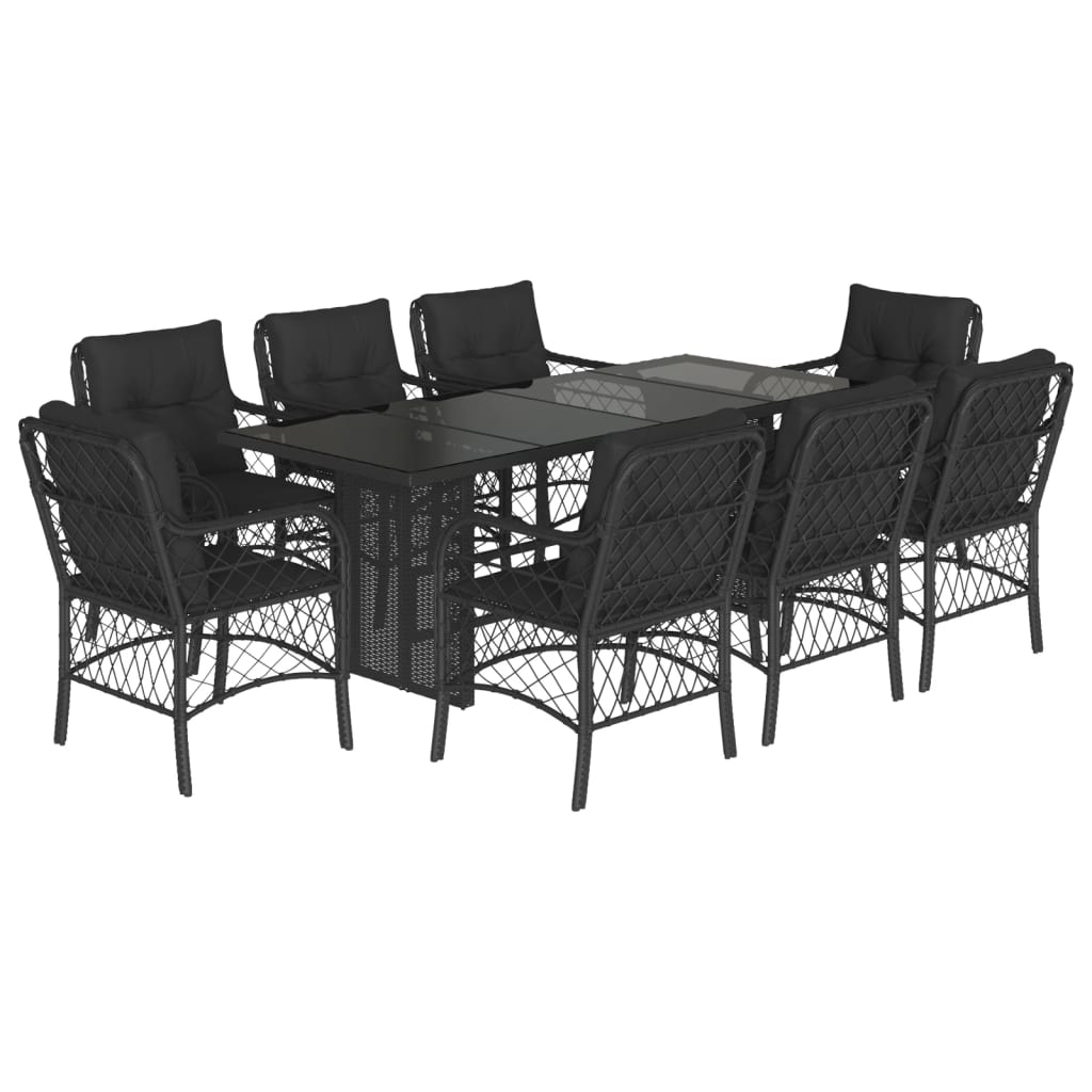 Set da Pranzo da Giardino 9 pz con Cuscini Nero in Polyrattan 3212057