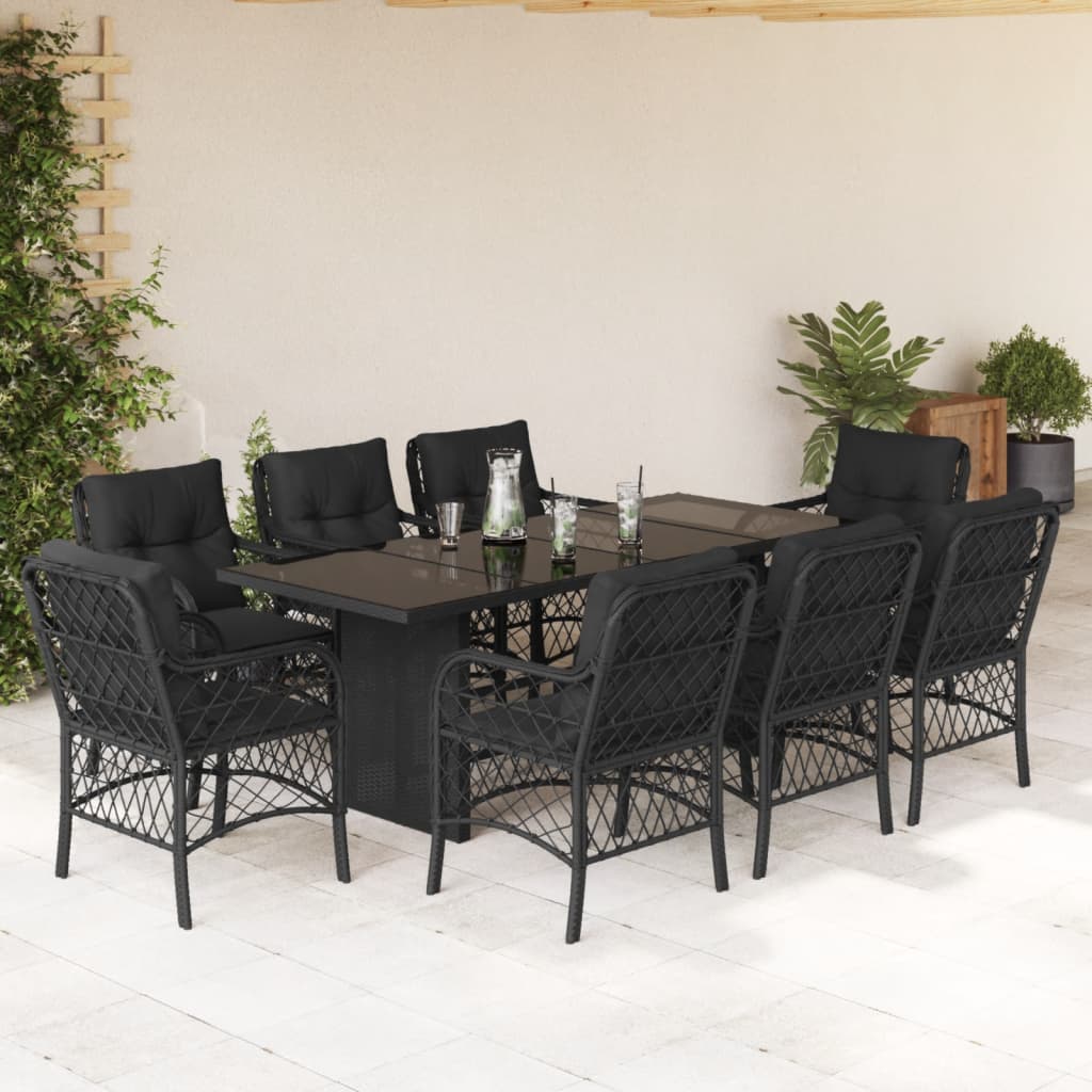 Set da Pranzo da Giardino 9 pz con Cuscini Nero in Polyrattan 3212057