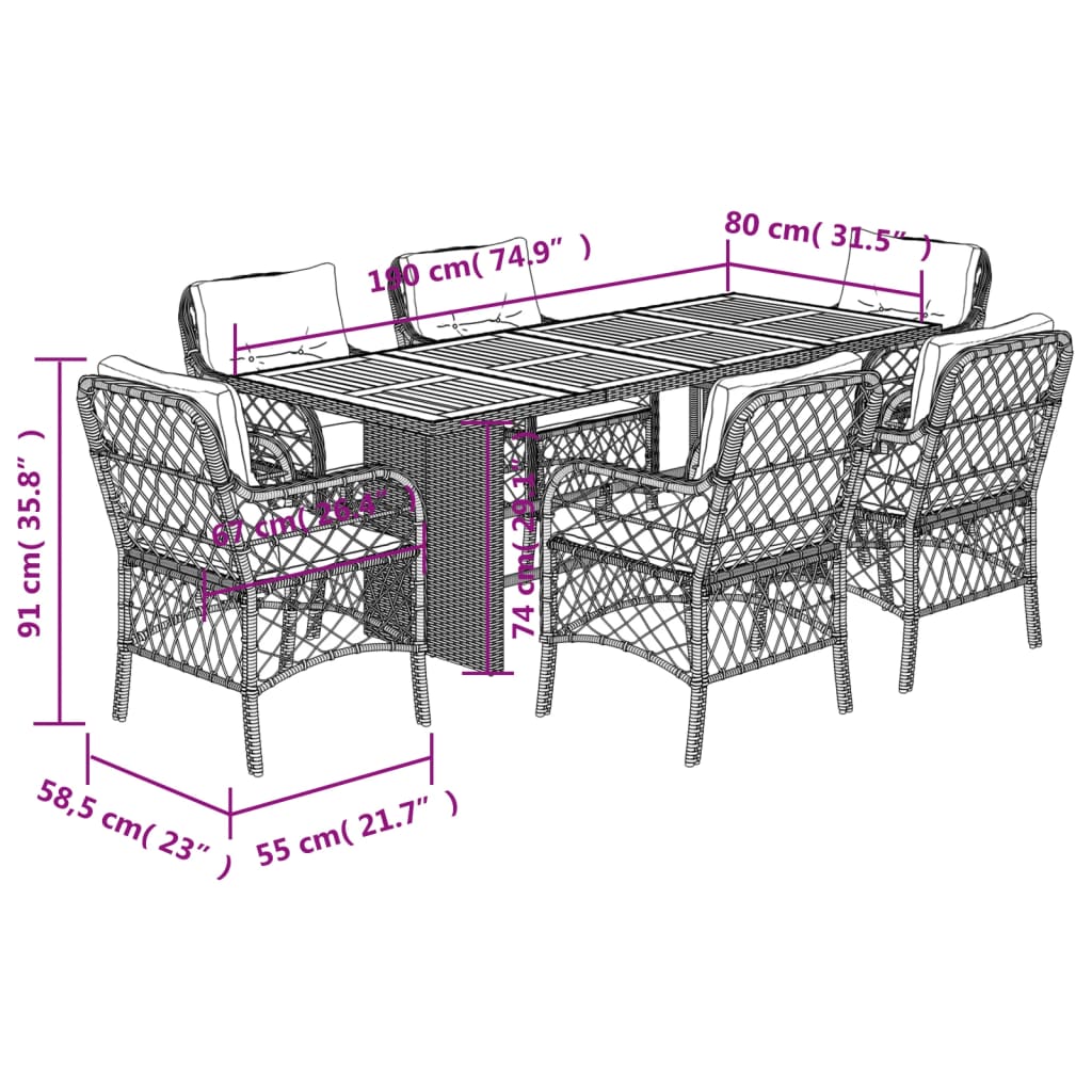 Set da Pranzo da Giardino 7 pz Nero con Cuscini in Polyrattan 3212070