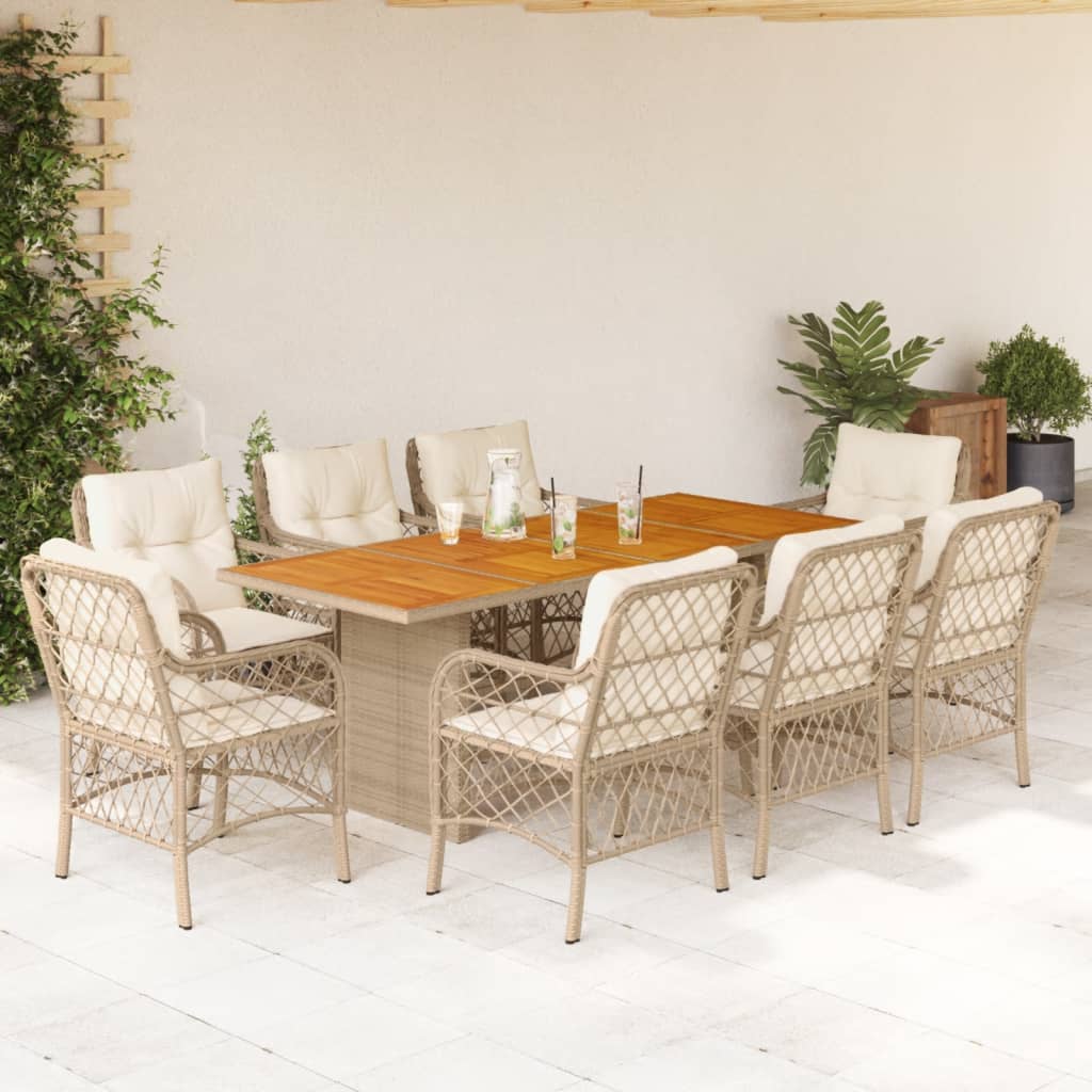 Set da Pranzo da Giardino 9 pz con Cuscini Beige in Polyrattan 3212077