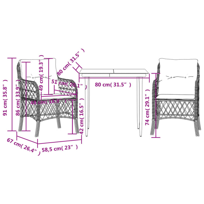 Set da Bistrò 3 pz con Cuscini Nero in Polyrattan 3212082