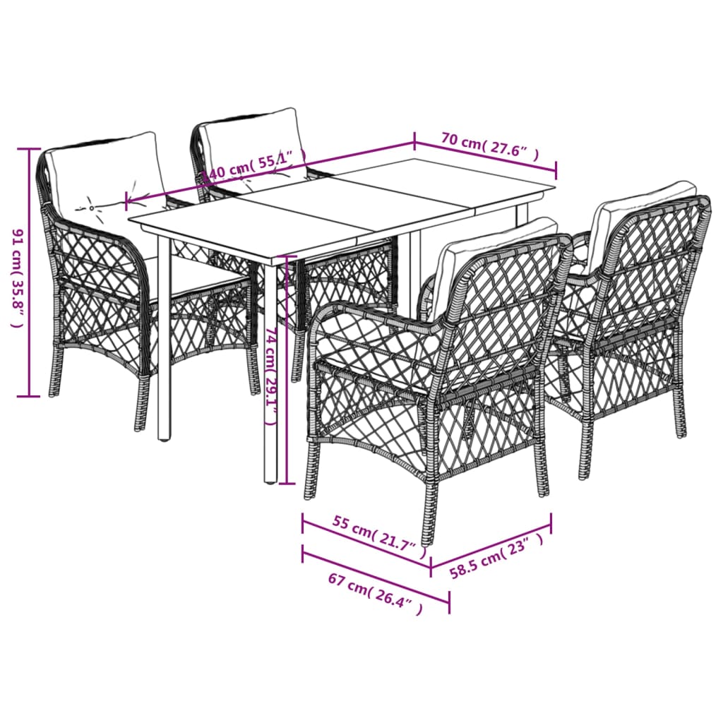 Set da Pranzo da Giardino 5 pz Nero con Cuscini in Polyrattan 3212091