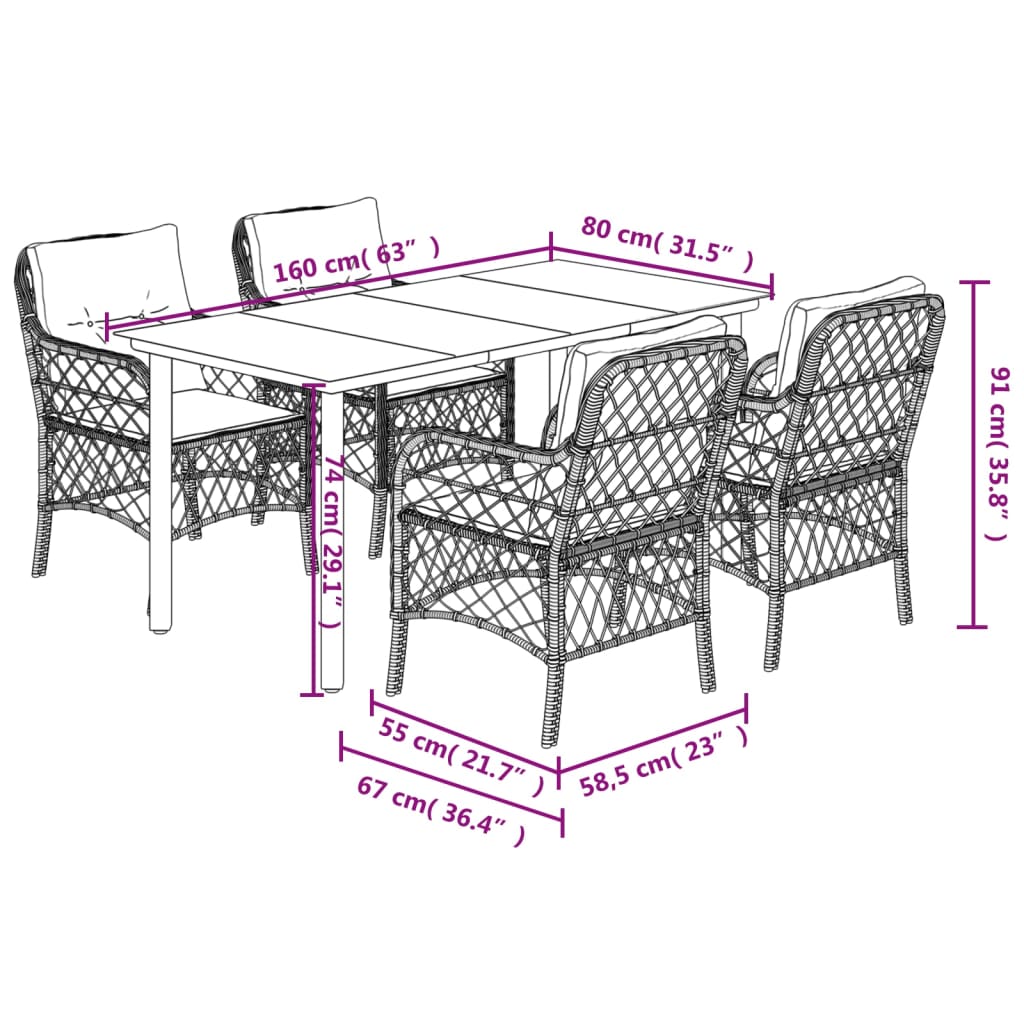 Set da Pranzo da Giardino 5 pz Nero con Cuscini in Polyrattan 3212092