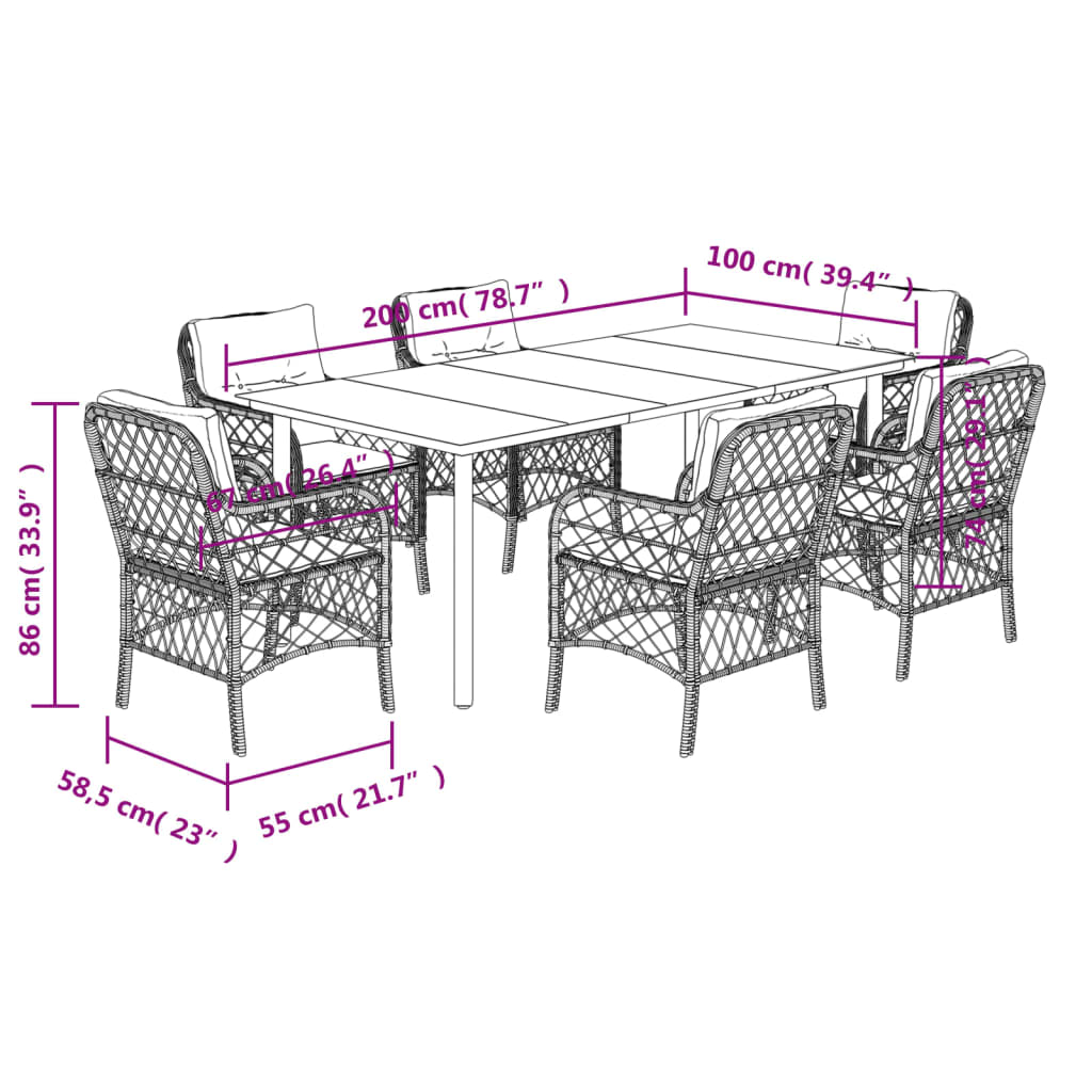 Set da Pranzo da Giardino 7 pz Nero con Cuscini in Polyrattan 3212094