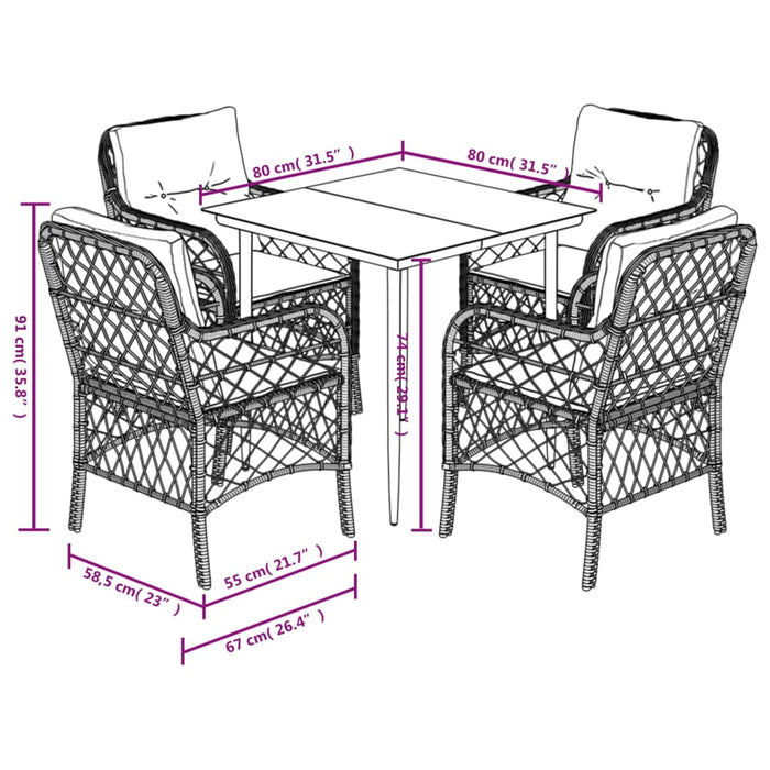 Set da Pranzo da Giardino 5 pz Nero con Cuscini in Polyrattan 3212097