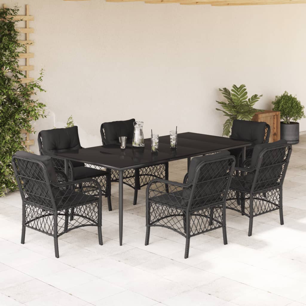 Set da Pranzo da Giardino 7 pz Nero con Cuscini in Polyrattan 3212101