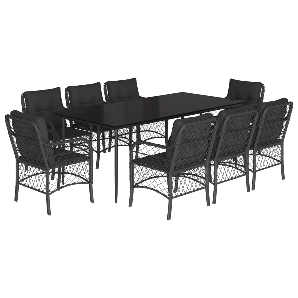 Set da Pranzo da Giardino 9 pz con Cuscini Nero in Polyrattan 3212102