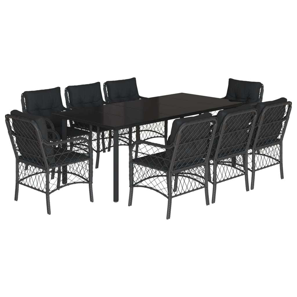 Set da Pranzo da Giardino 9 pz con Cuscini Nero in Polyrattan 3212109