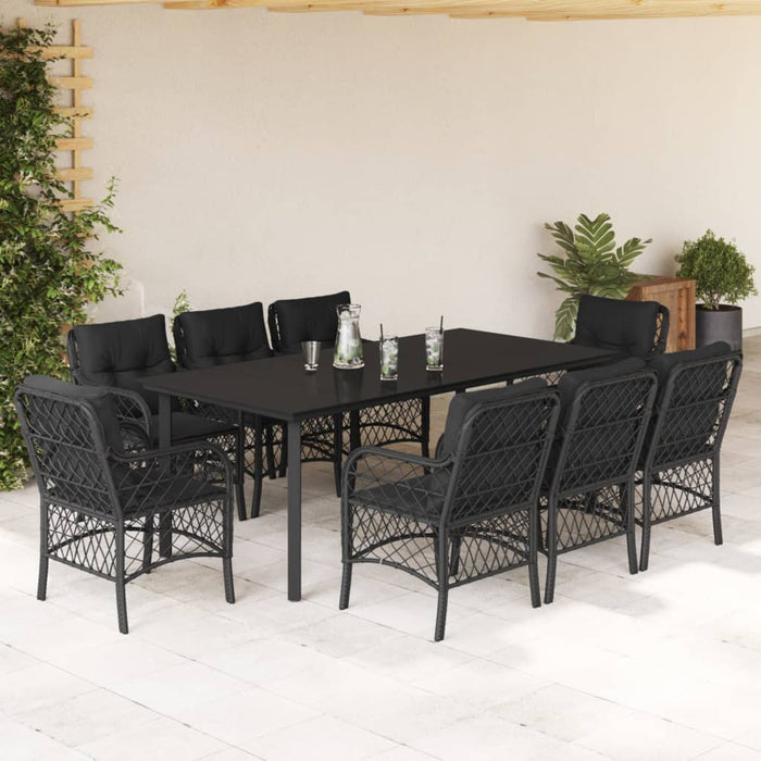 Set da Pranzo da Giardino 9 pz con Cuscini Nero in Polyrattan 3212109