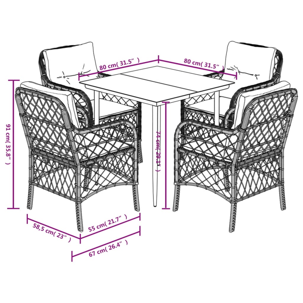 Set da Pranzo da Giardino 5pz con Cuscini in Polyrattan Marrone 3212111