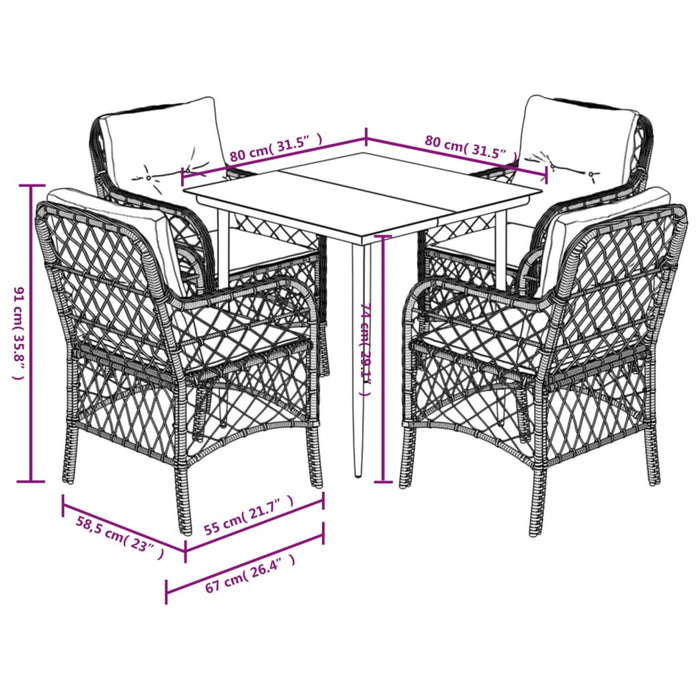 Set da Pranzo da Giardino 5pz con Cuscini in Polyrattan Marrone 3212111