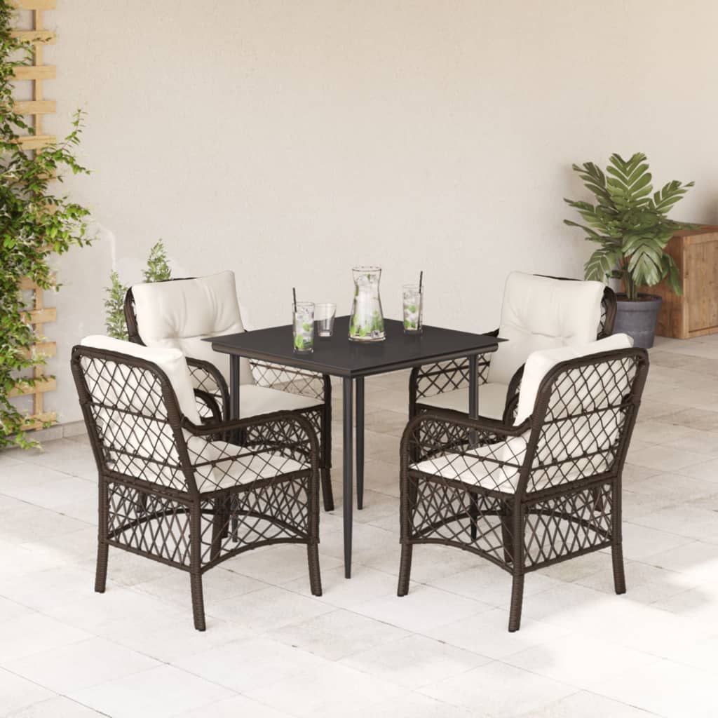 Set da Pranzo da Giardino 5pz con Cuscini in Polyrattan Marrone 3212111