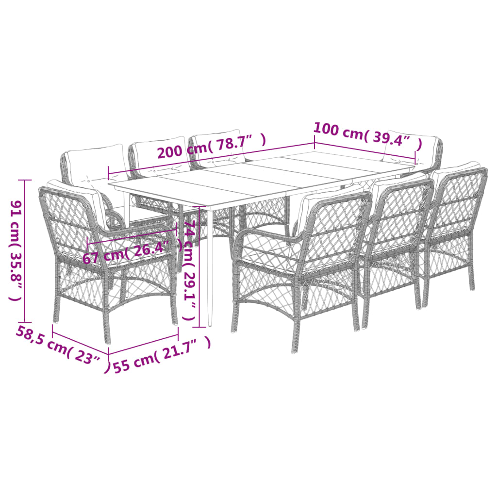 Set da Pranzo da Giardino 9pz con Cuscini Marrone in Polyrattan 3212116