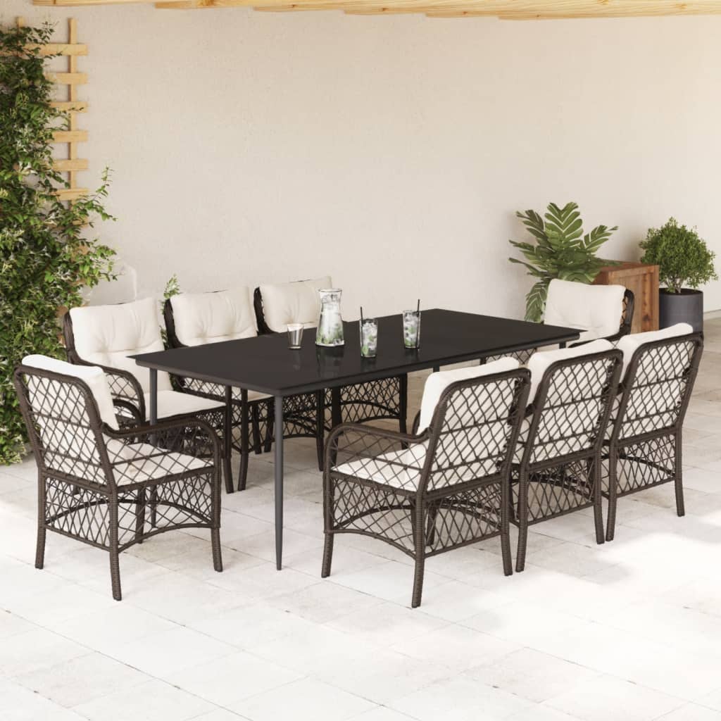 Set da Pranzo da Giardino 9pz con Cuscini Marrone in Polyrattan 3212116