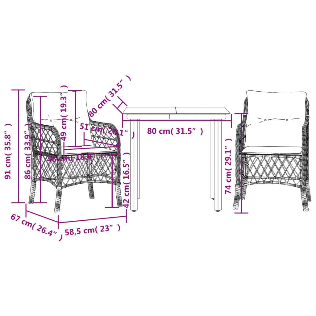 Set Bistrò 3 pz con Cuscini Marrone in Polyrattan 3212117