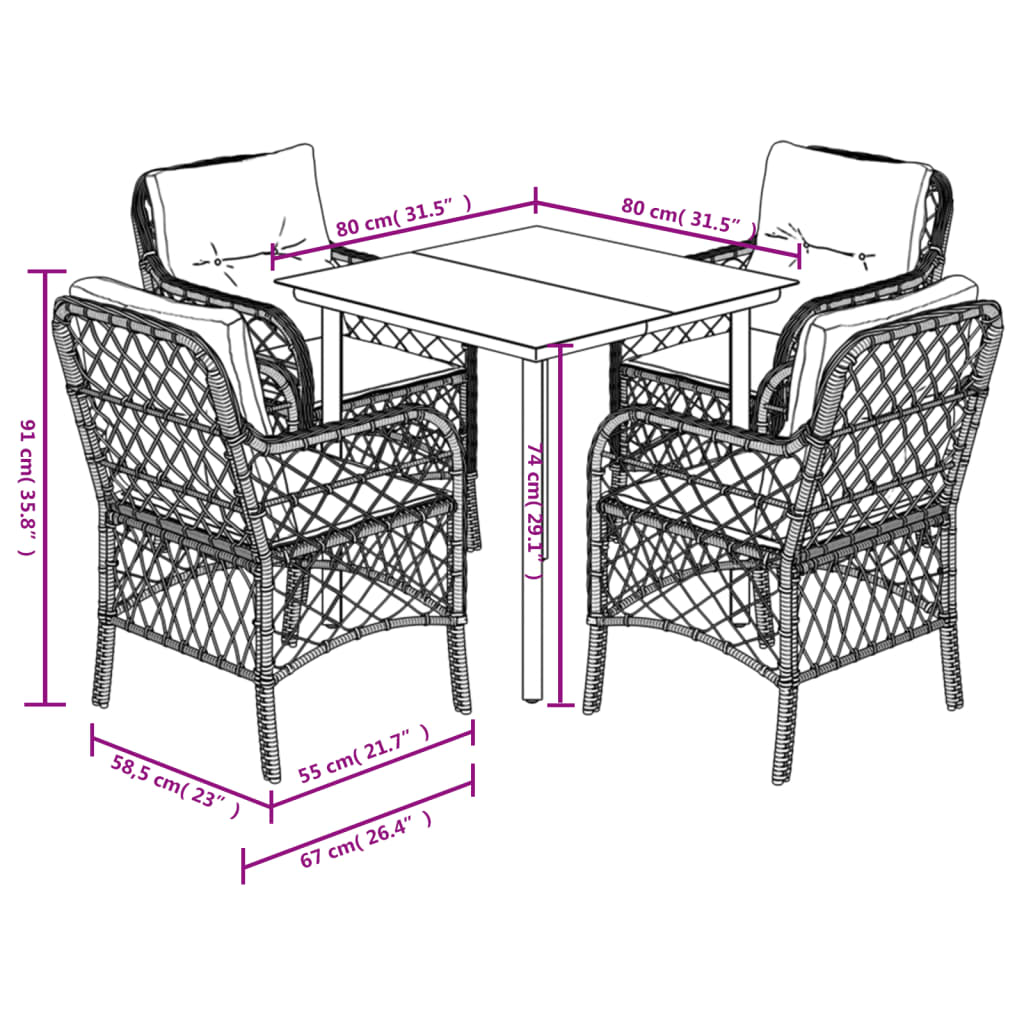 Set da Pranzo da Giardino 5pz con Cuscini in Polyrattan Marrone 3212118