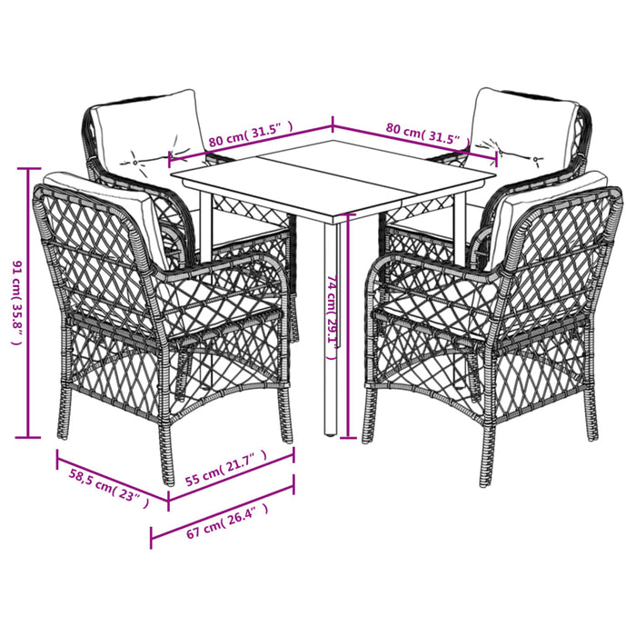 Set da Pranzo da Giardino 5pz con Cuscini in Polyrattan Marrone 3212118