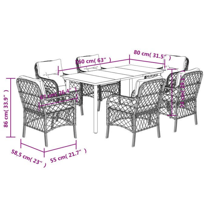 Set da Pranzo da Giardino 7pz con Cuscini in Polyrattan Marrone 3212121