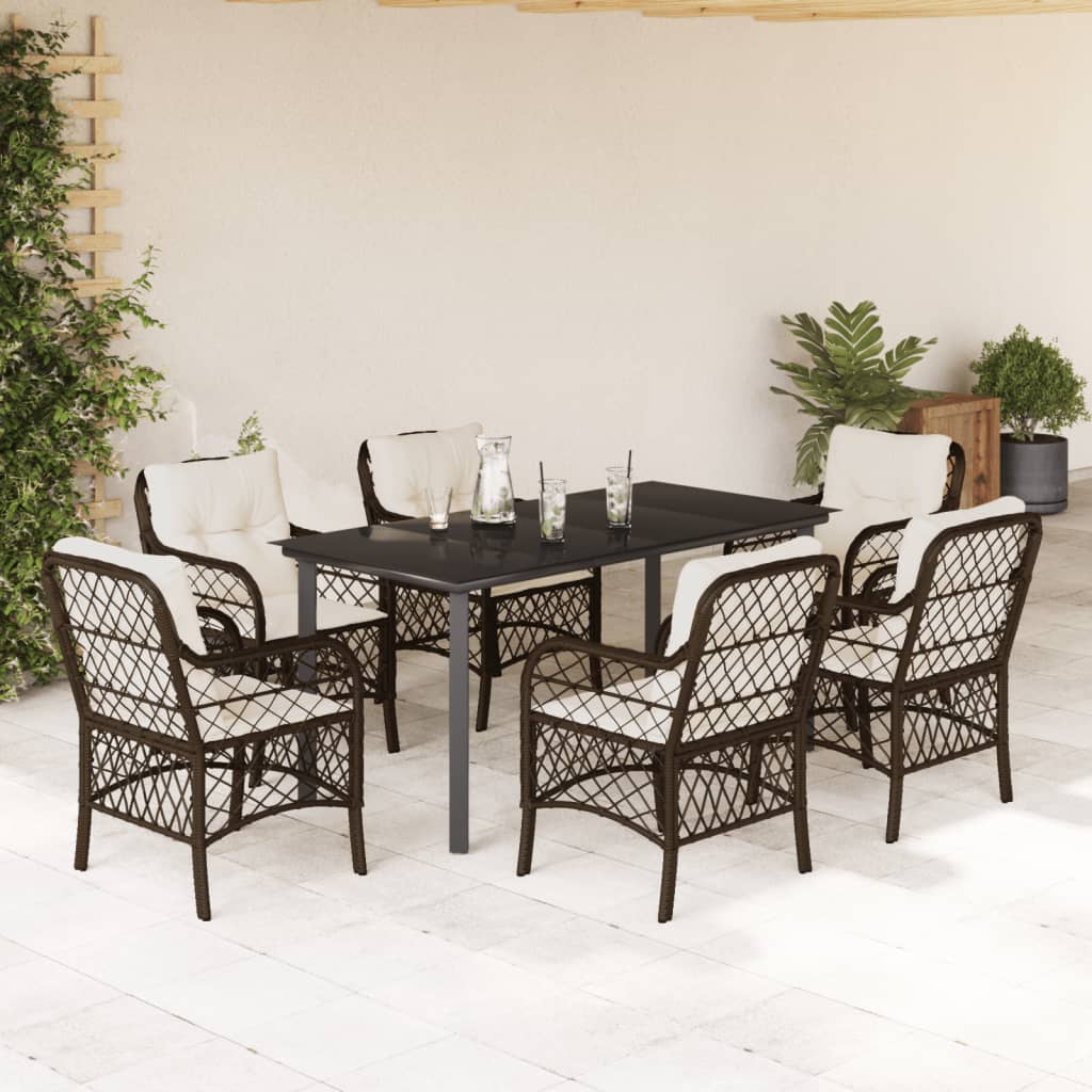 Set da Pranzo da Giardino 7pz con Cuscini in Polyrattan Marrone 3212121