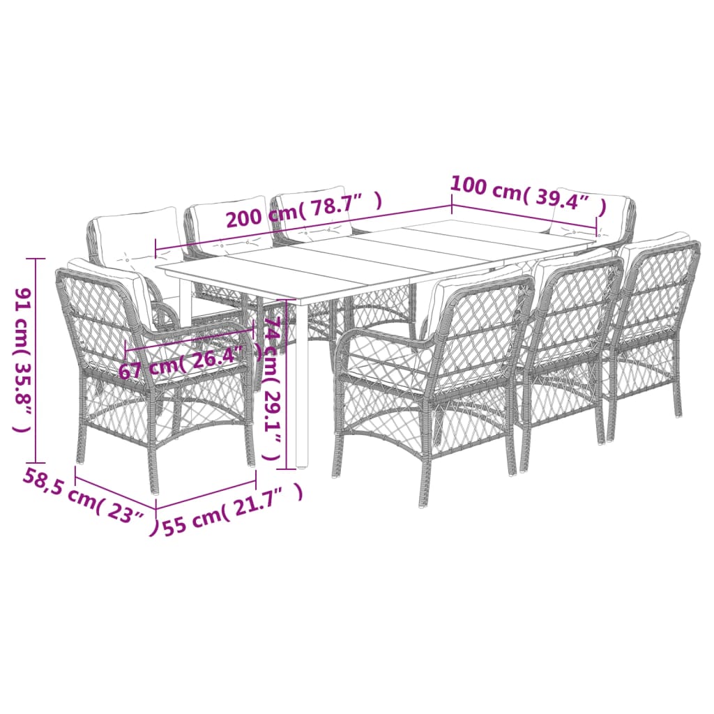 Set da Pranzo da Giardino 9 pz con Cuscini Beige in Polyrattan 3212151