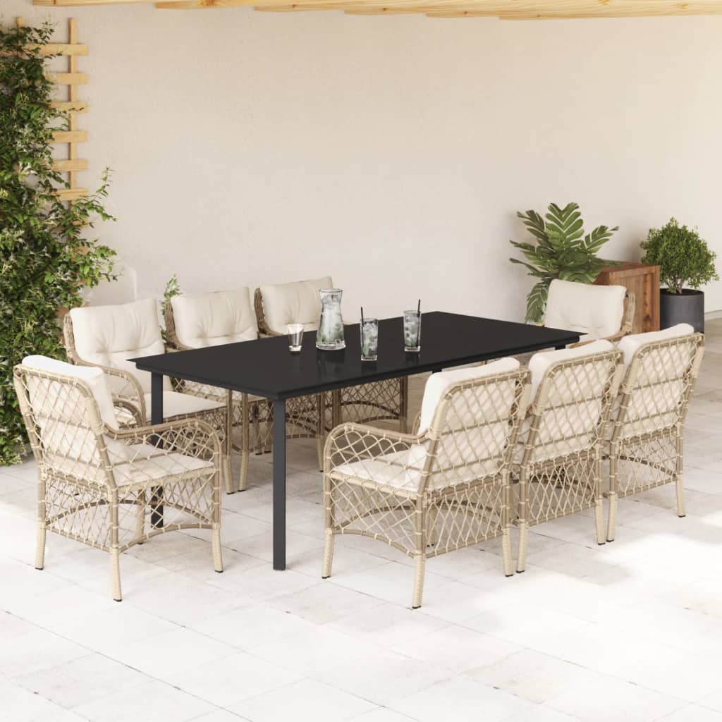 Set da Pranzo da Giardino 9 pz con Cuscini Beige in Polyrattan 3212151