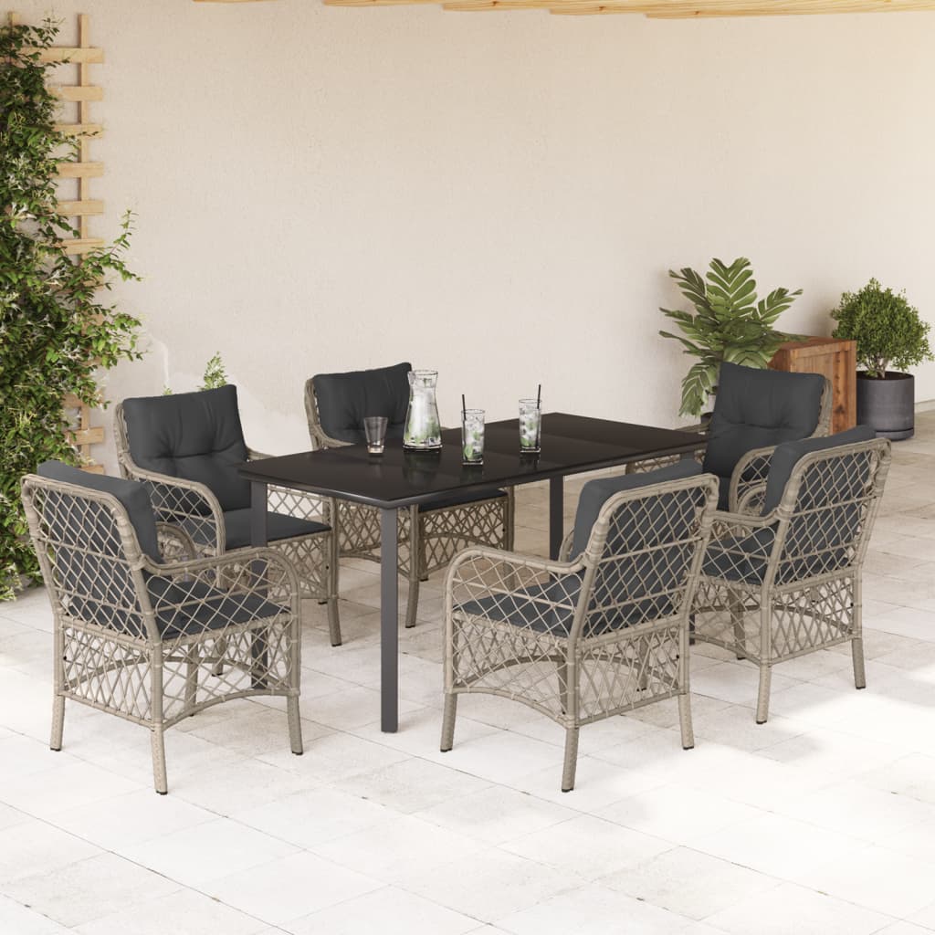 Set da Pranzo da Giardino 7 pz Cuscini Polyrattan Grigio Chiaro 3212177