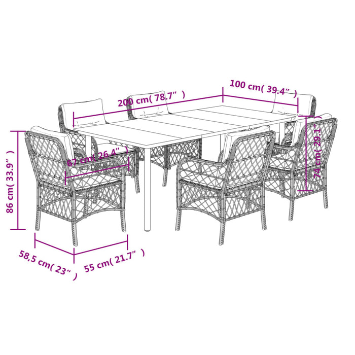 Set da Pranzo da Giardino 7 pz Cuscini Polyrattan Grigio Chiaro 3212178